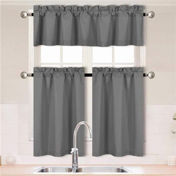 3Piece Solid Color 100% Blackout Kitchen Window Curtain Set with Tiers & Valance - Picture 1 of 5